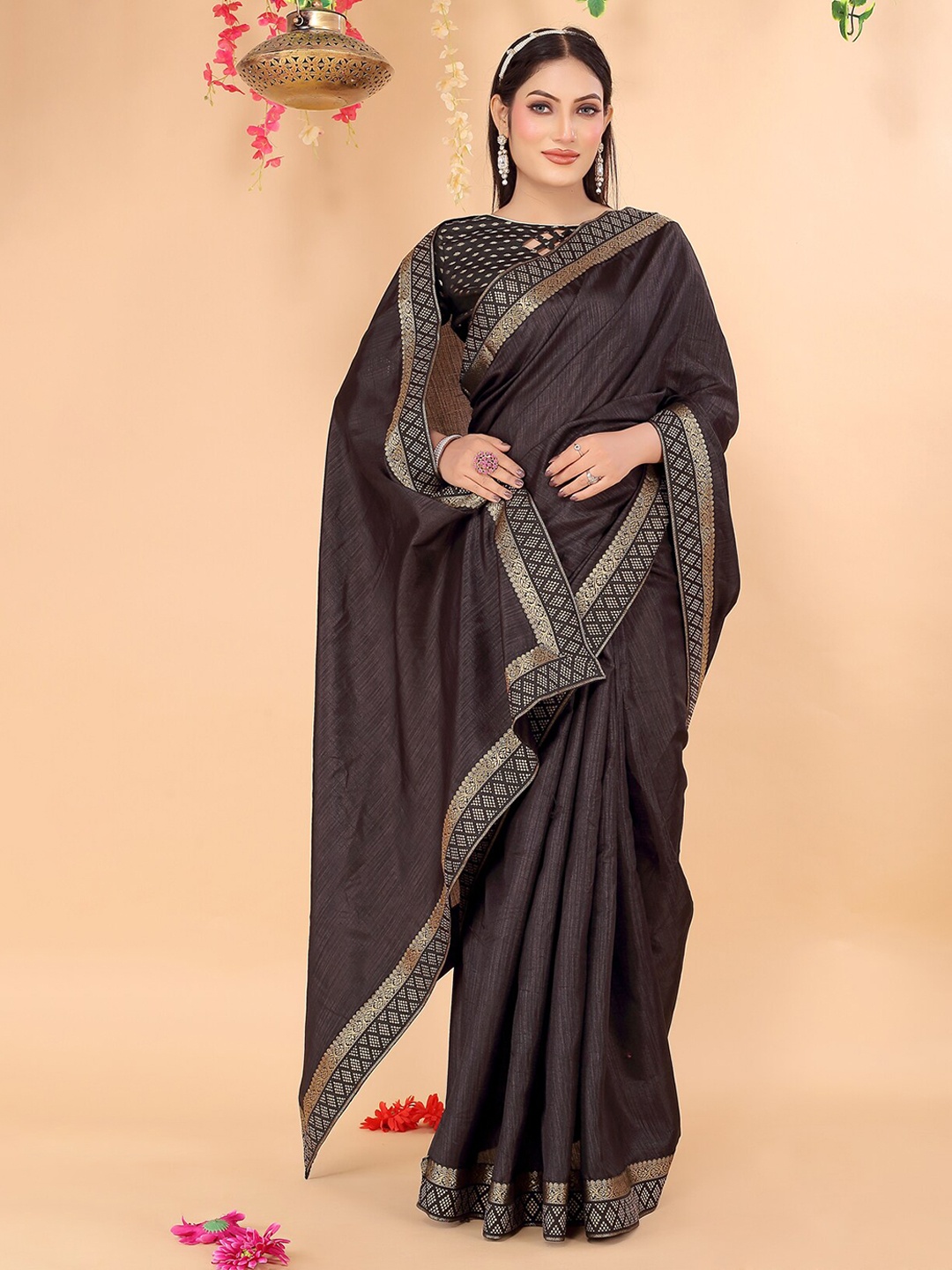 

SAADHVI Woven Design Zari Border Art Silk Saree, Brown