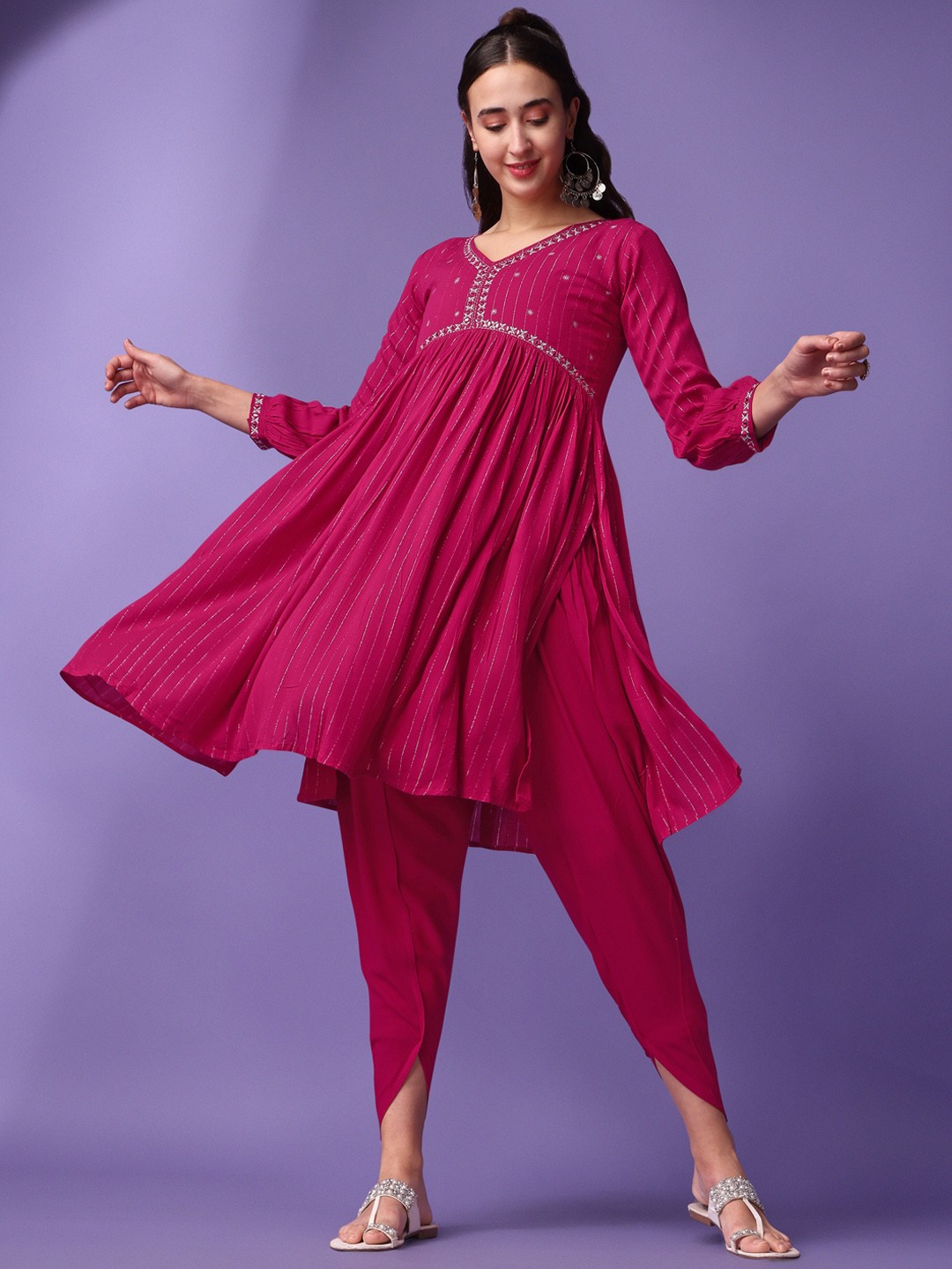

ASPORA Sequinned Embroidered Anarkali Kurta with Dhoti Pants & Dupatta, Fuchsia
