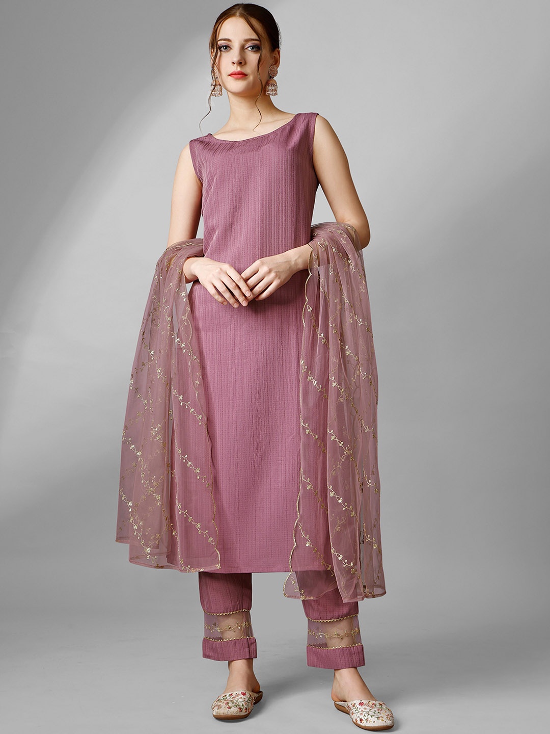 

ASPORA Self Designed Sequinned Straight Kurta with Trousers & Dupatta, Mauve