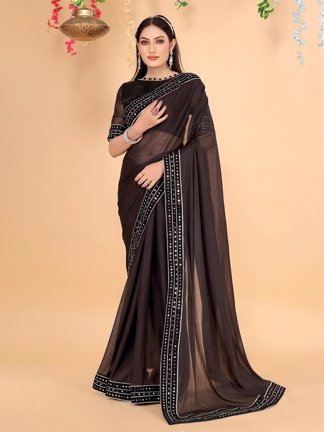 

SAADHVI Sequinned Art Silk Saree, Black