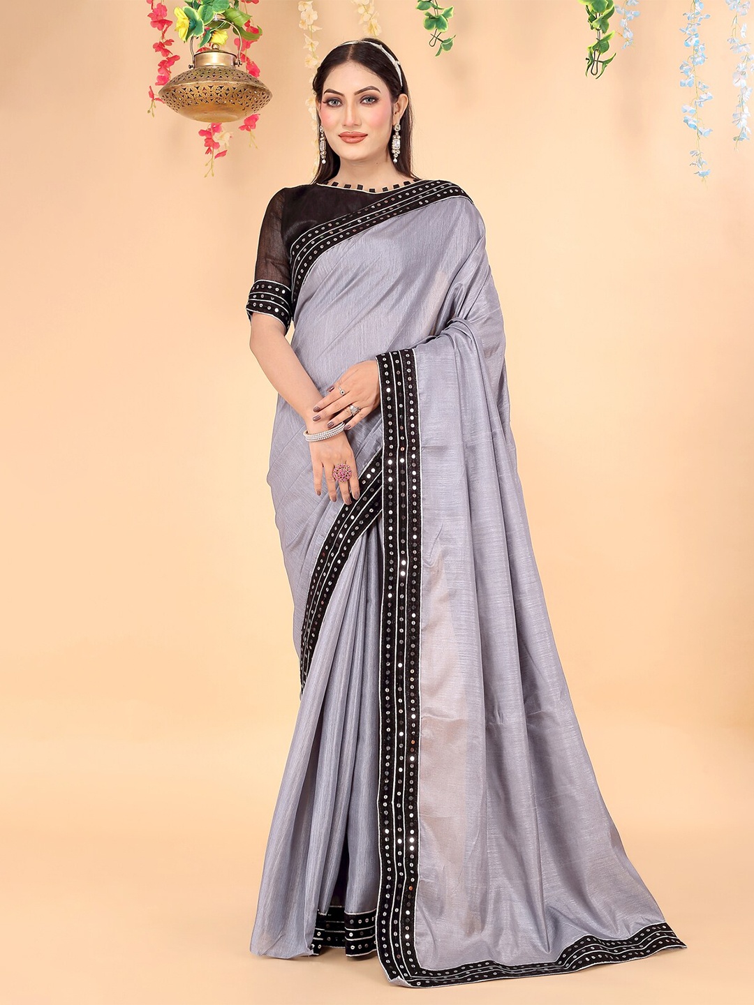 

SAADHVI Sequined Border Art Silk Saree, Grey