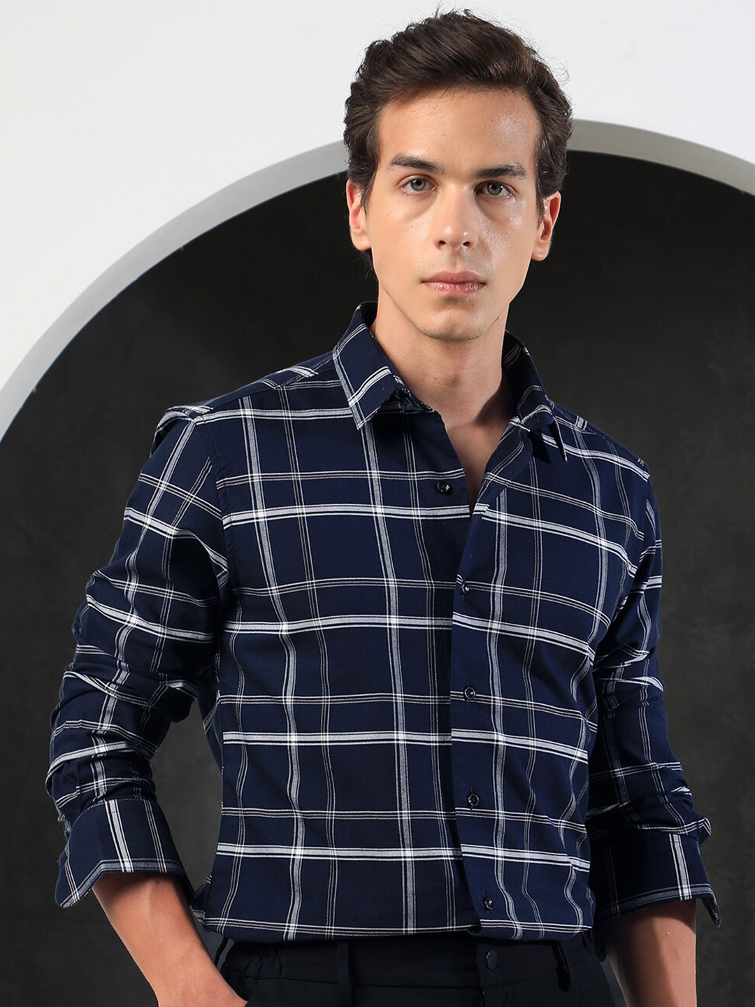 

RARE RABBIT Men Reesit Slim Fit Tartan Check Opaque Cotton Shirt, Navy blue