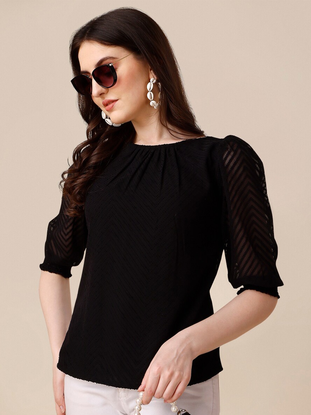 

SHEETAL Associates Round Neck Puff Sleeves Top, Black
