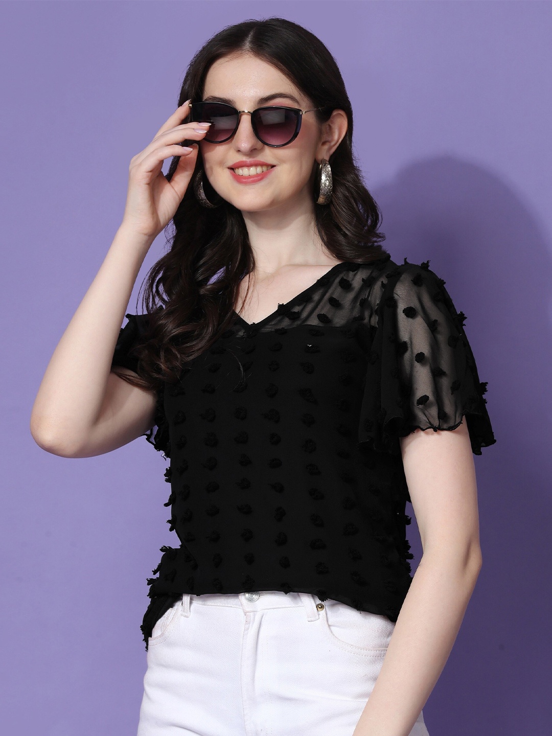

SHEETAL Associates V-Neck Self Design Flared Sleevs Crepe Top, Black