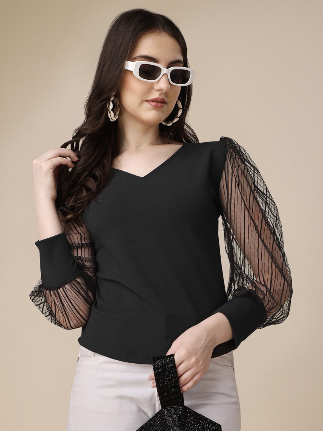 

SHEETAL Associates V-Neck Puff Sleeves Crepe Top, Black