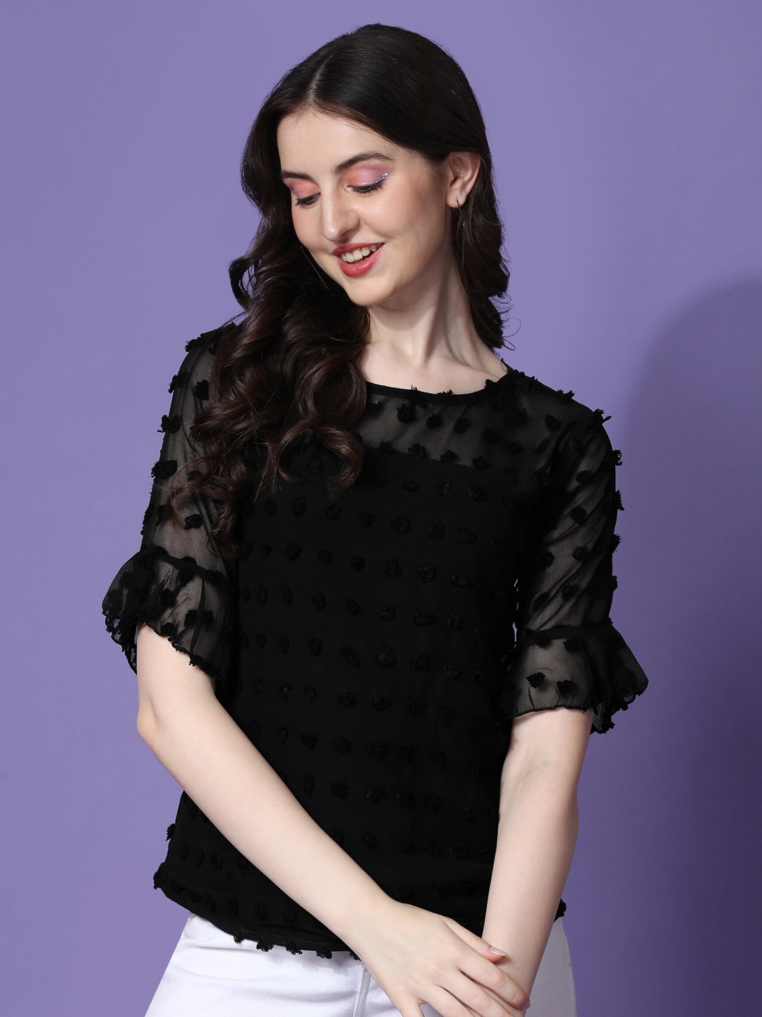 

SHEETAL Associates Floral Self Design Puff Sleeves Top, Black