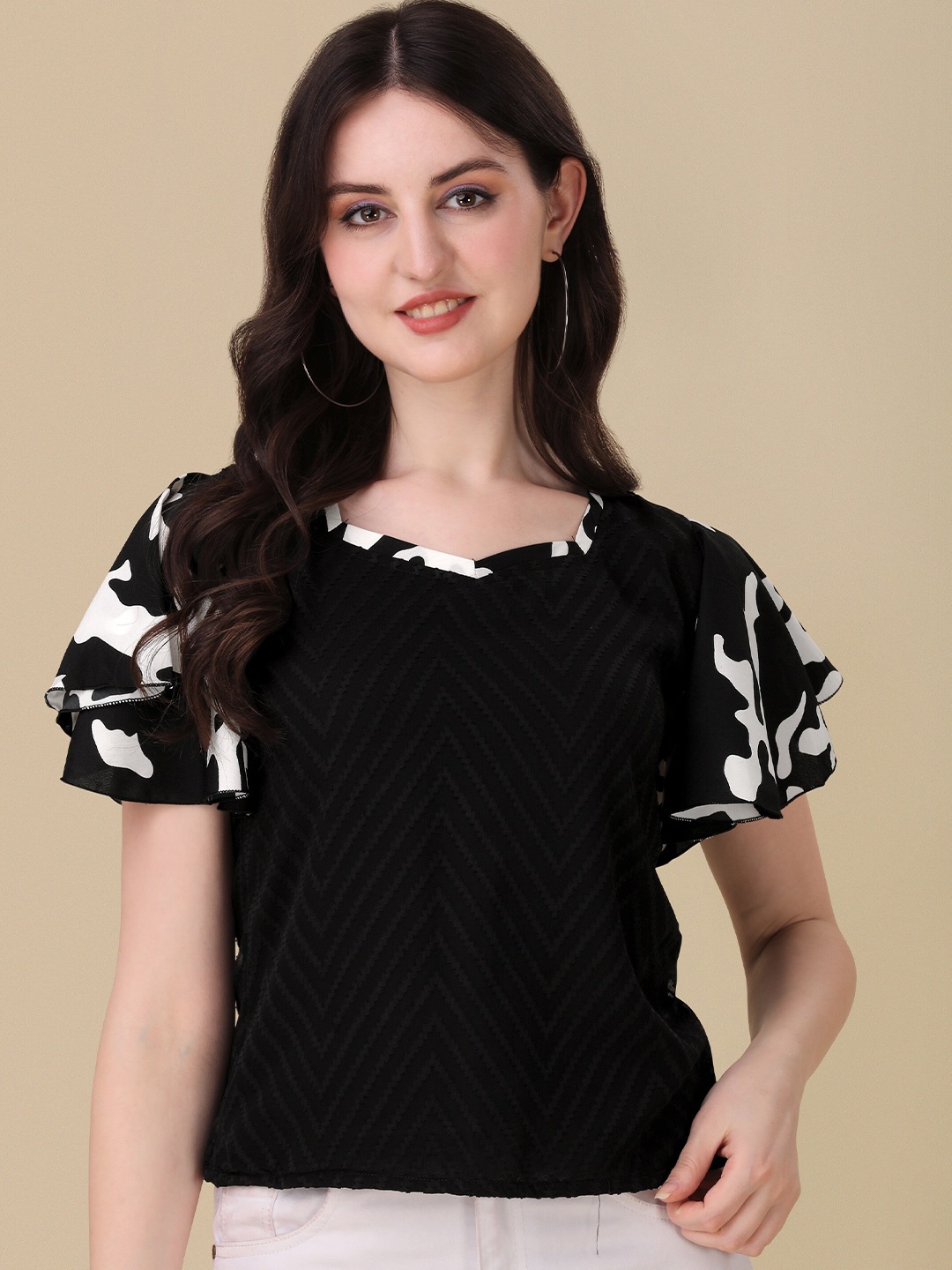 

SHEETAL Associates V-Neck Self Design Flutter Sleeve Crepe Top, Black