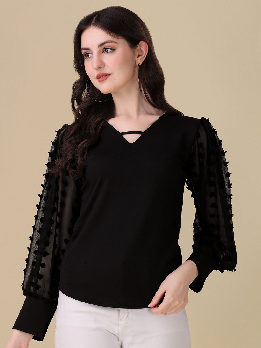 

SHEETAL Associates Self Design Cuffed Sleeves Fringed Crepe Top, Black