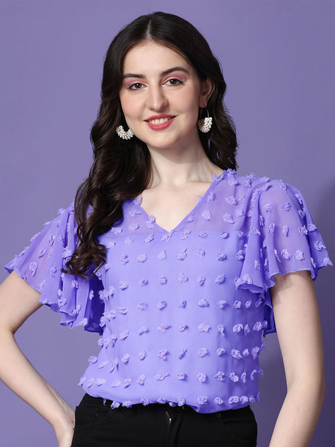 

SHEETAL Associates Self Design Flutter Sleeve Crepe Top, Blue