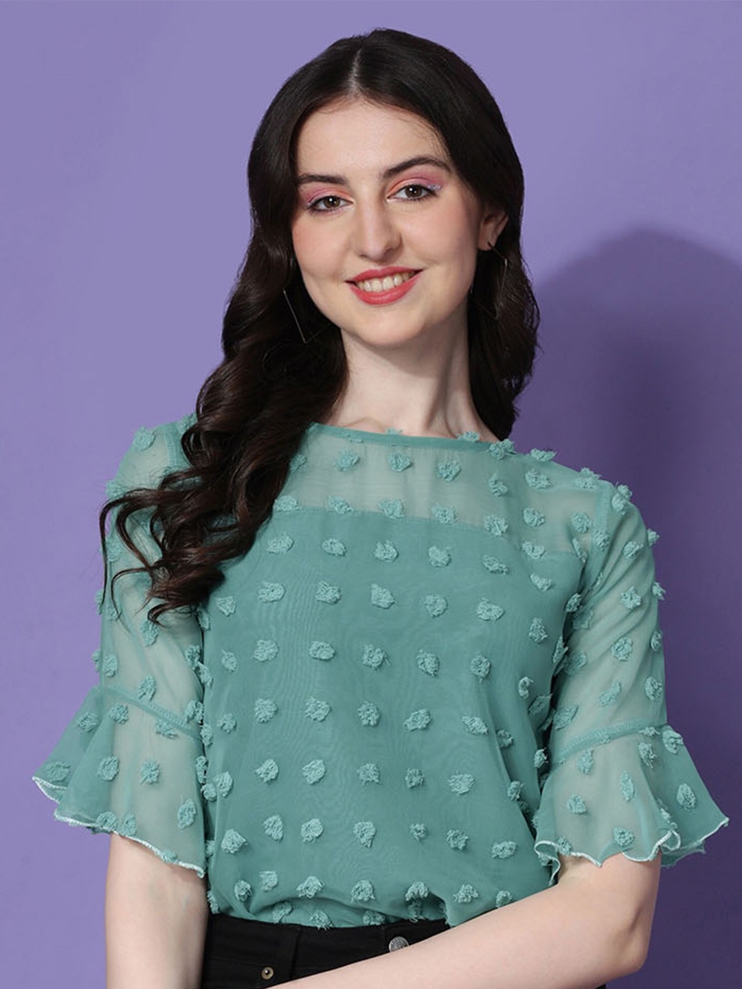 

SHEETAL Associates Self Design Bell Sleeve Fringed Crepe Top, Teal