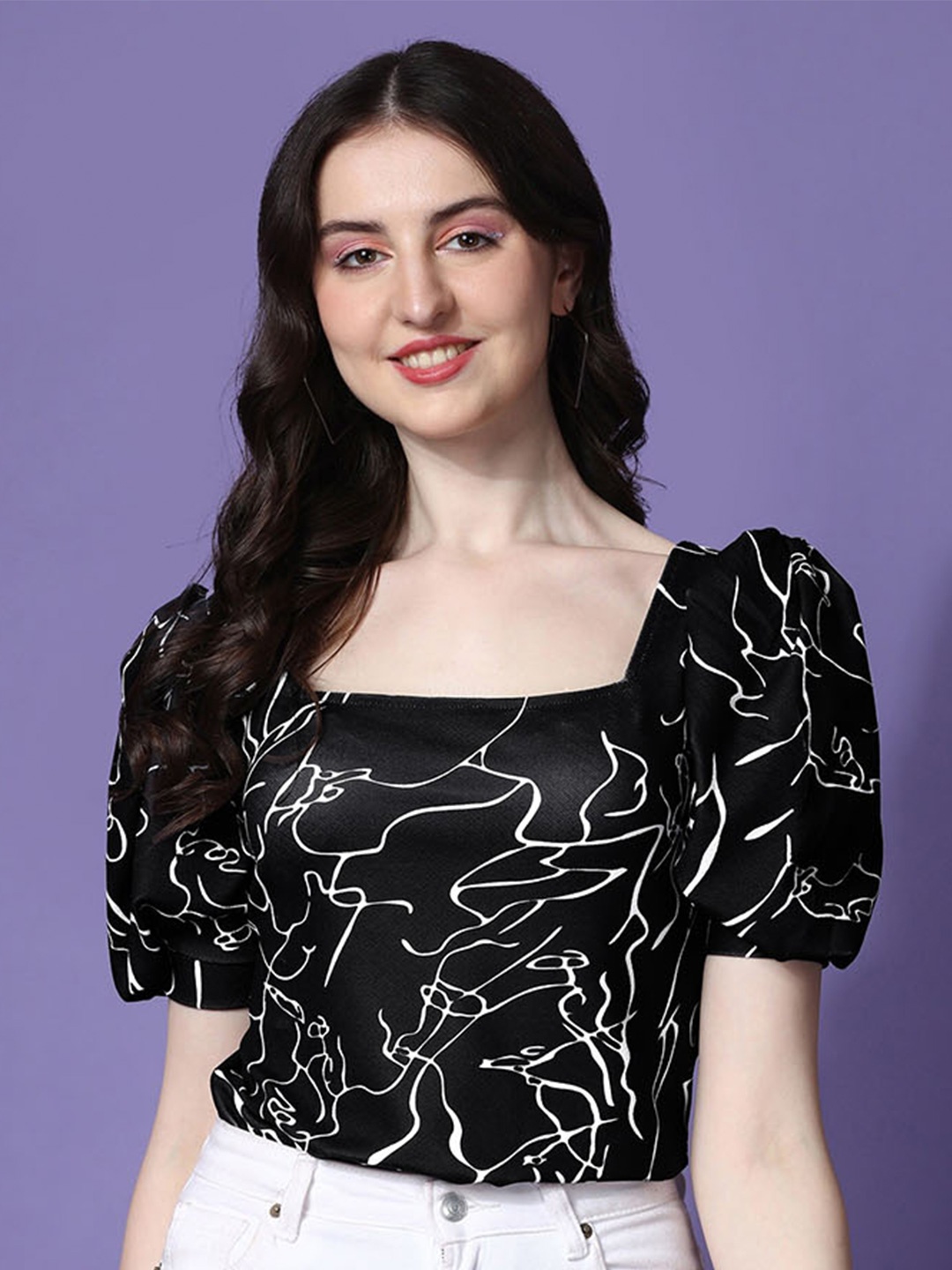 

SHEETAL Associates Abstract Printed Puff Sleeves Crepe Top, Black