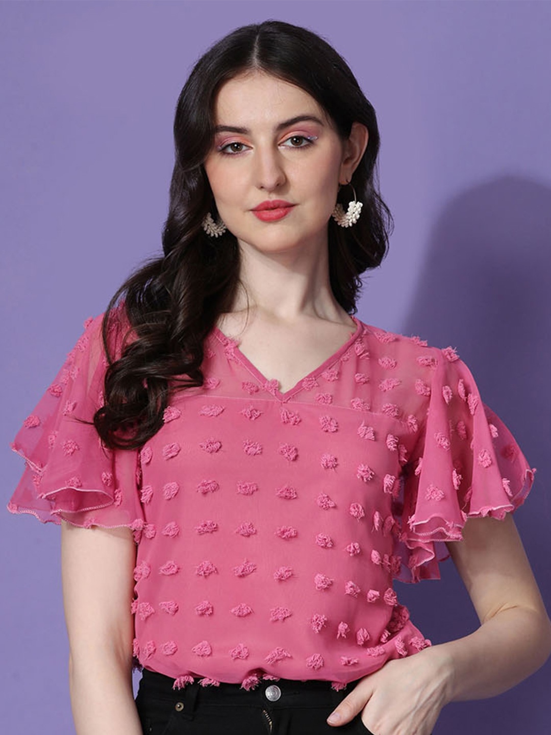 

SHEETAL Associates V-Neck Flared Sleeves Fringed Crepe Top, Pink