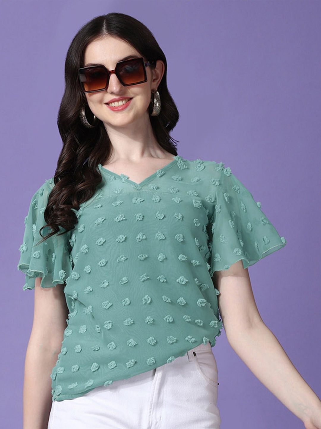 

SHEETAL Associates Self Design Flutter Sleeve Crepe Top, Teal