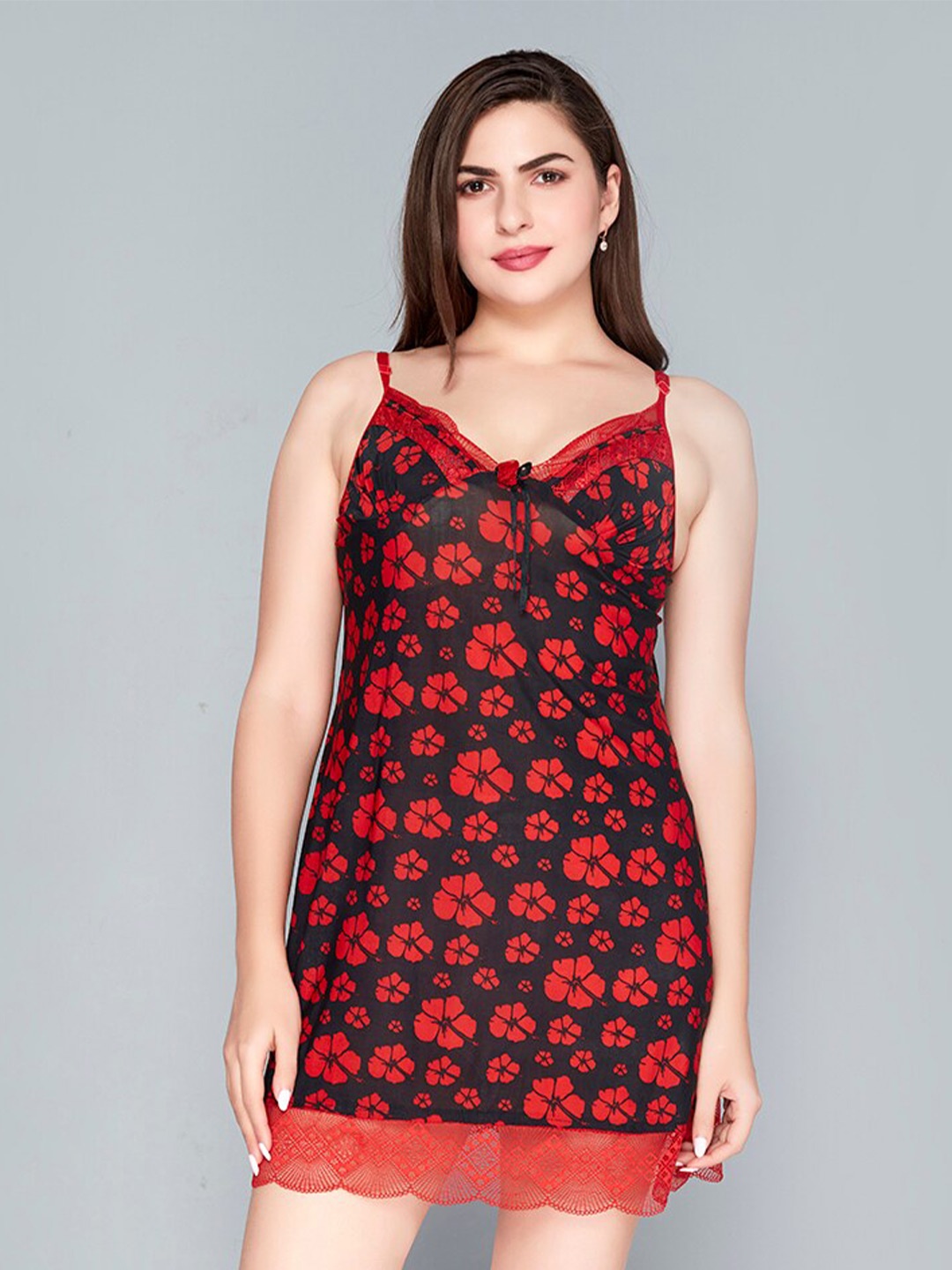 

Lady Love Floral Printed Lace Detail Baby Doll, Red