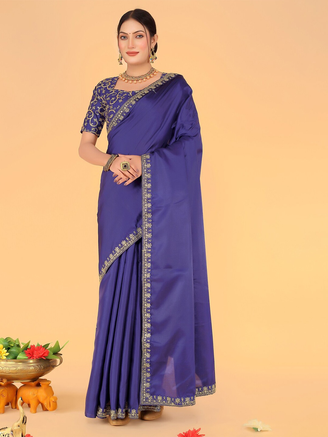 

SAADHVI Embroidered Border Zari Art Silk Saree, Navy blue