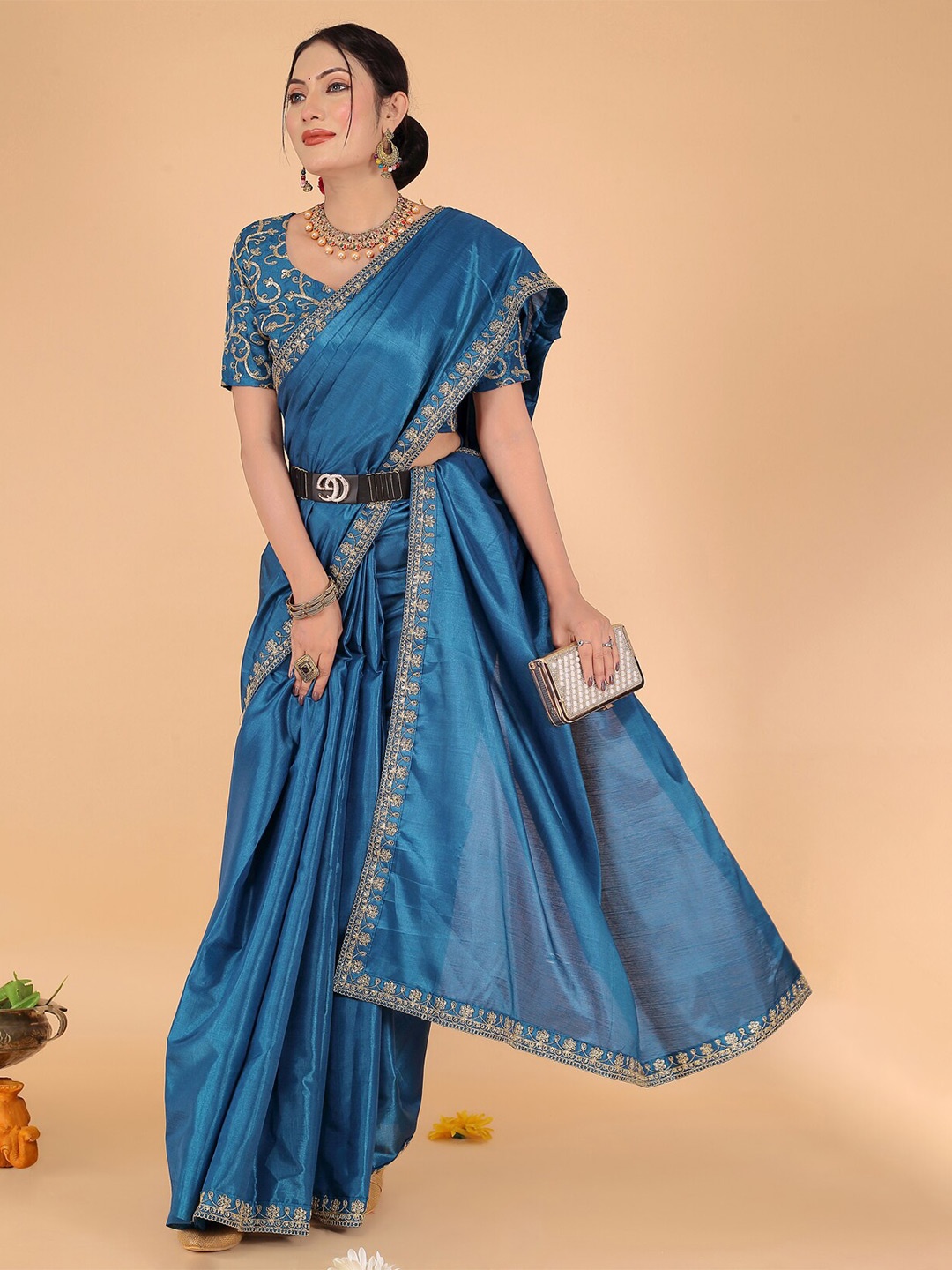 

SAADHVI Embroidered Border Zari Art Silk Saree, Blue