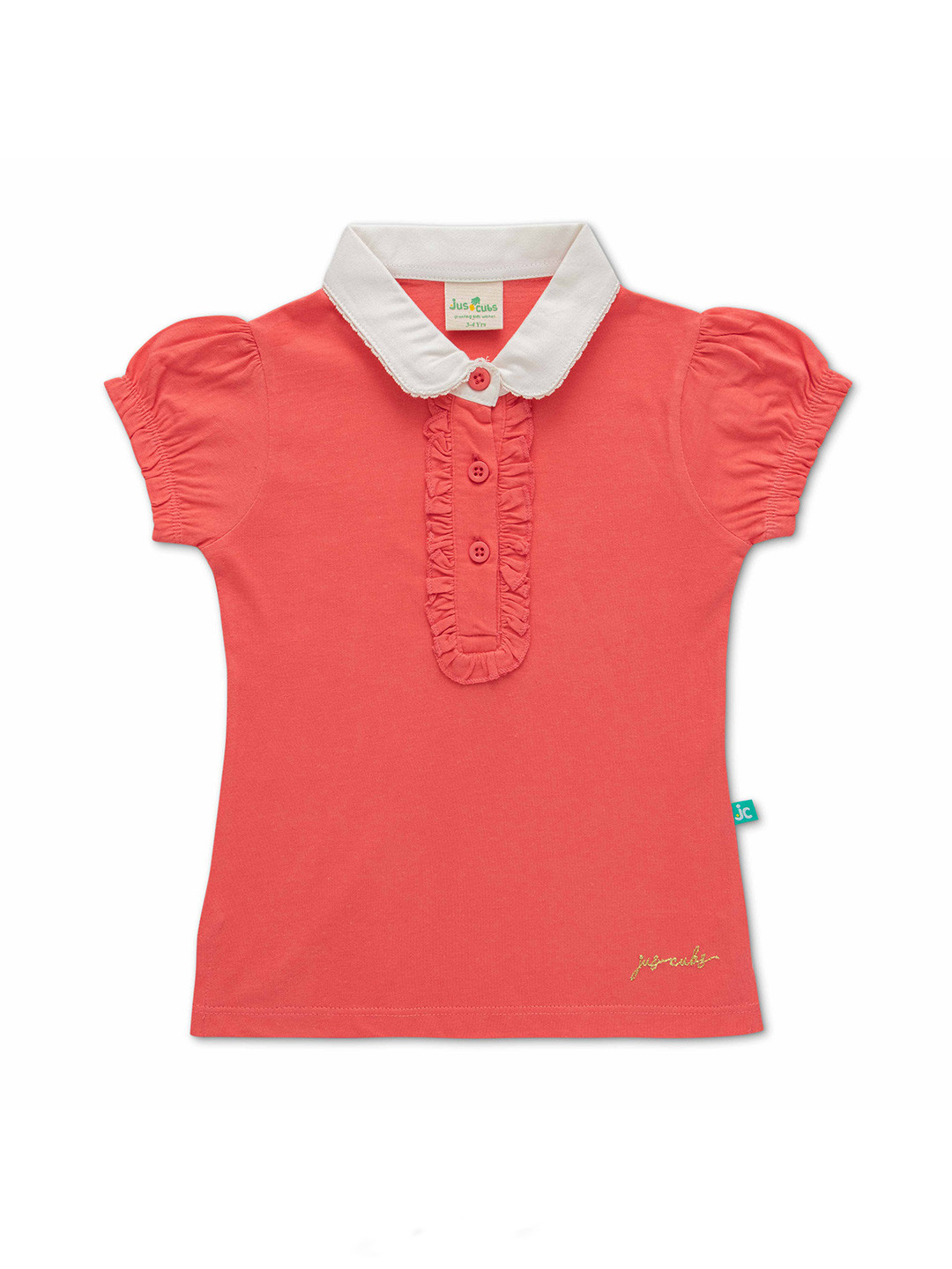 

JusCubs Girls Polo Collar Puff Sleeves Cotton T-shirt, Coral