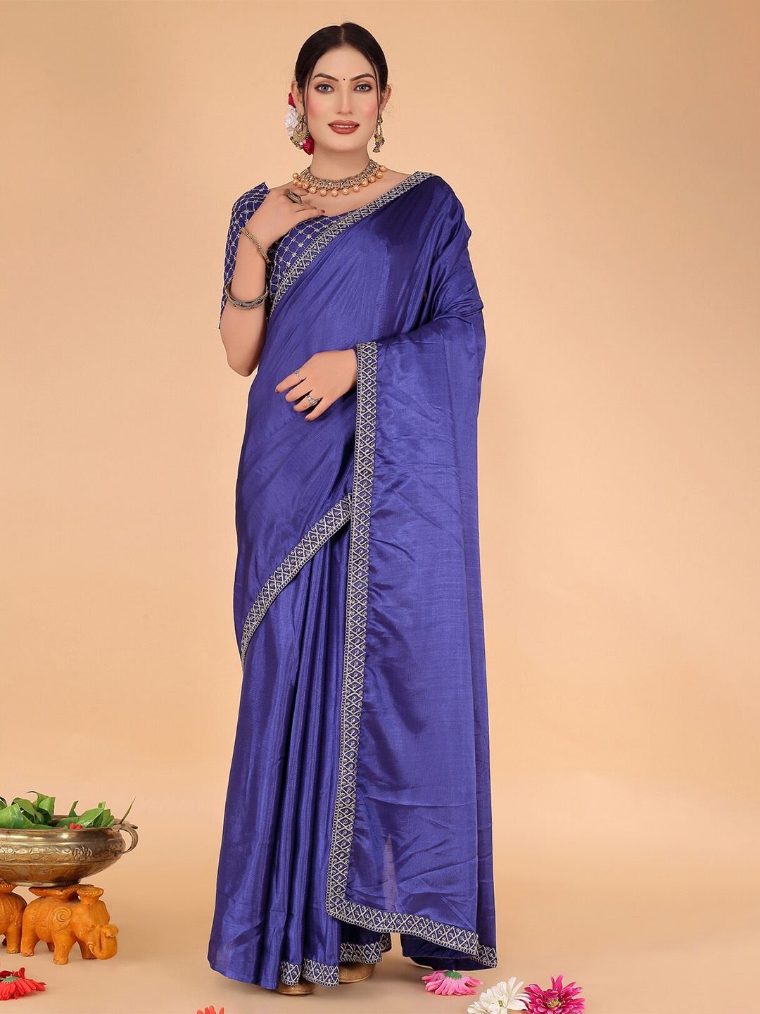 

SAADHVI Embroidered Border Zari Art Silk Saree, Navy blue