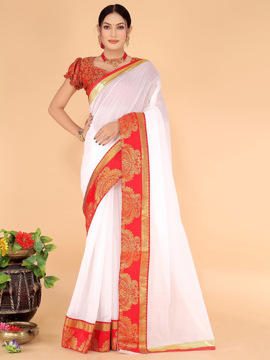 

SAADHVI Woven Design Border Zari Art Silk Saree, White