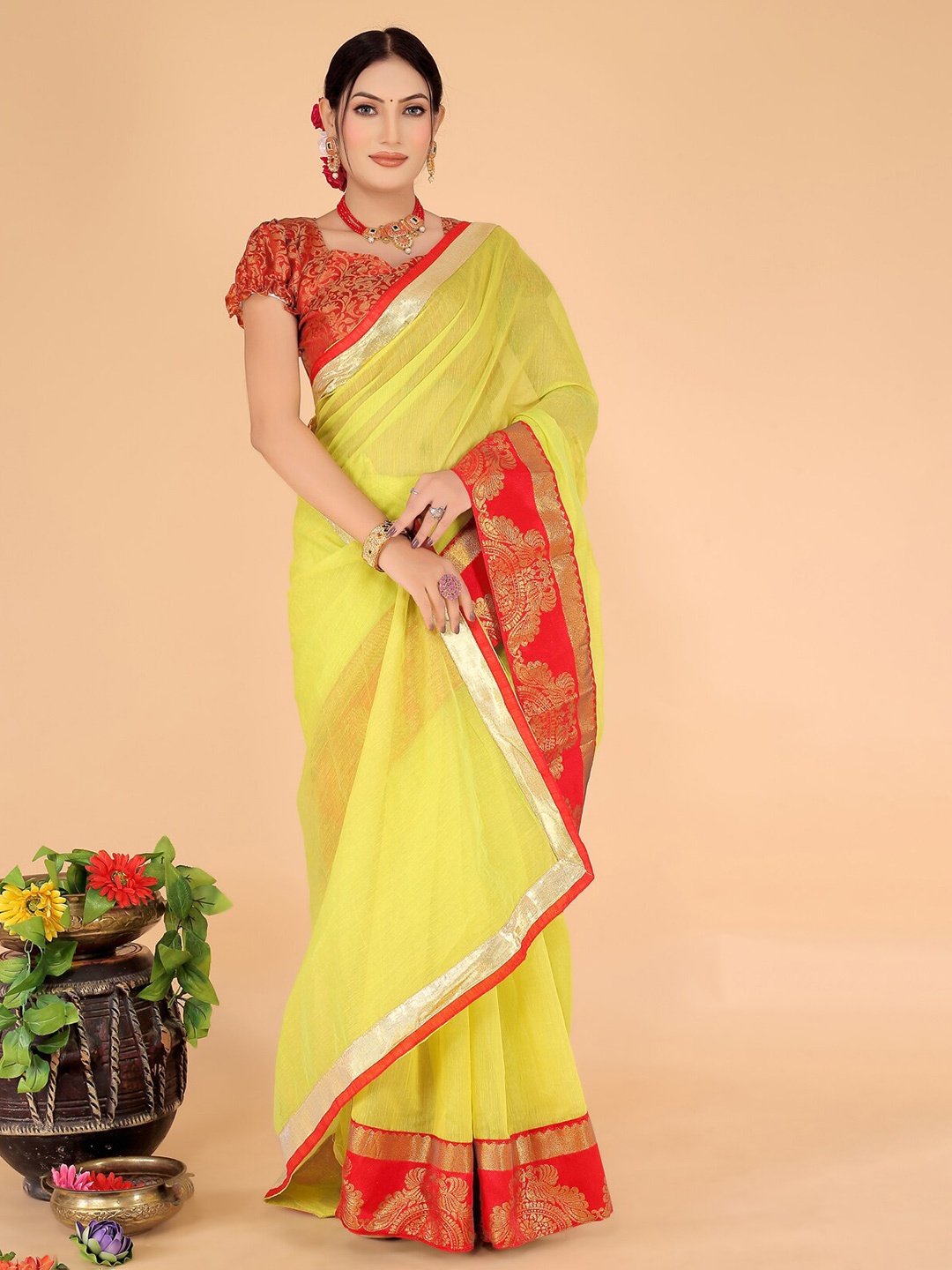 

SAADHVI Woven design Zari Border Art Silk Saree, Yellow