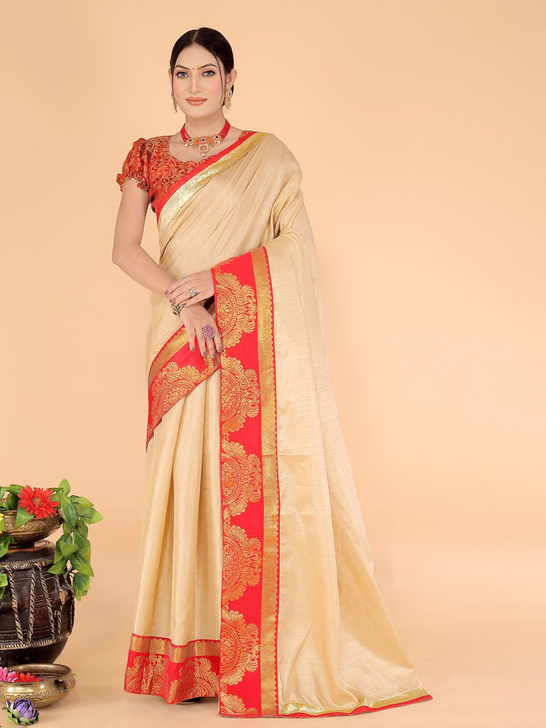 

SAADHVI Woven Design Border Zari Art Silk Saree, Cream