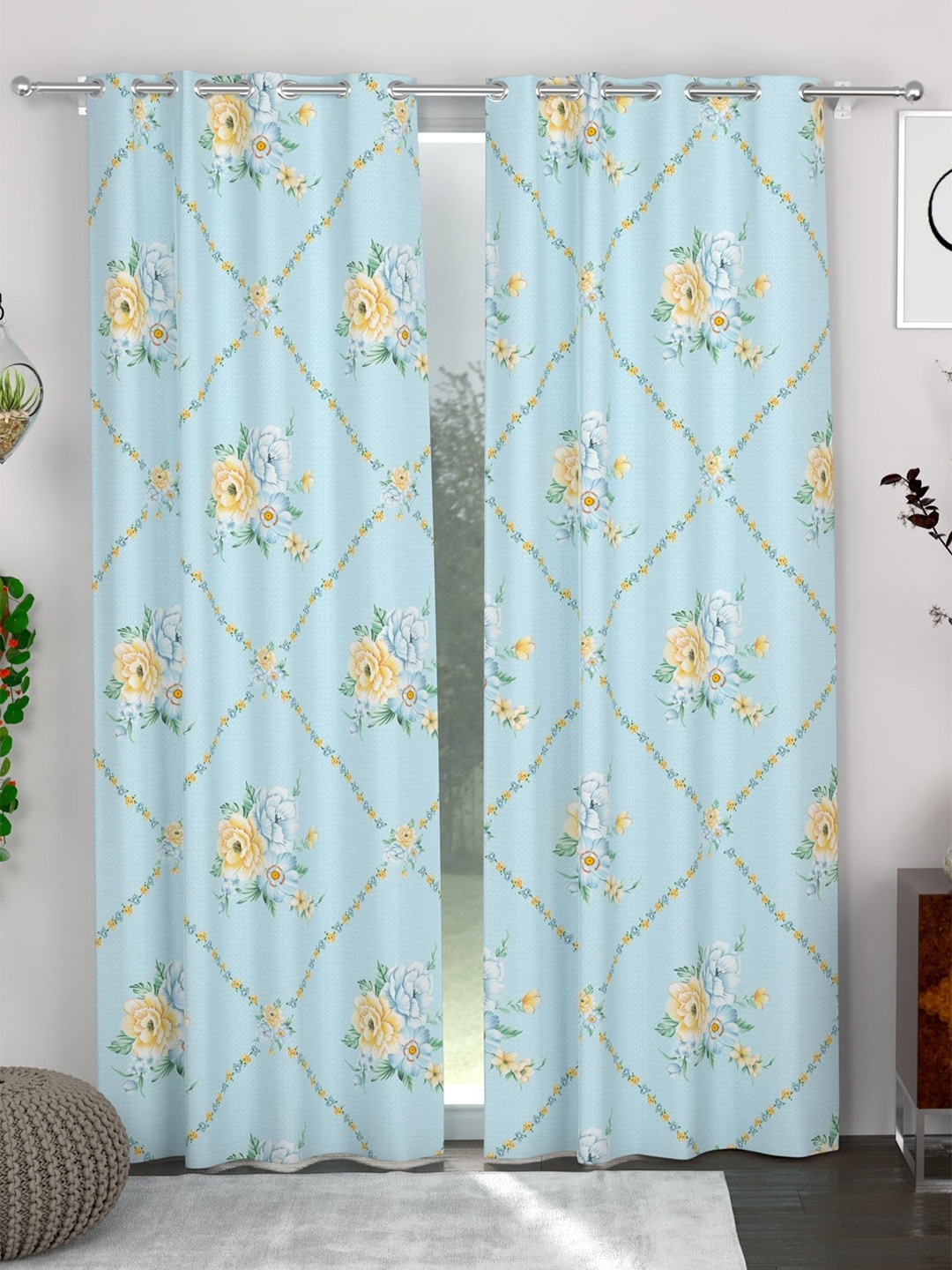 

CHHAVI INDIA Blue & Yellow 2 Pieces Floral Sheer Door Curtains