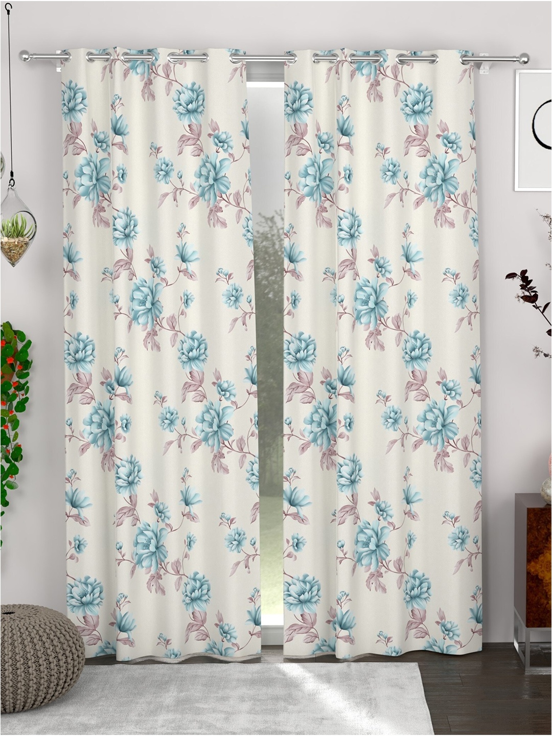 

CHHAVI INDIA Blue & White 2 Pieces Floral Printed Sheer Door Curtains
