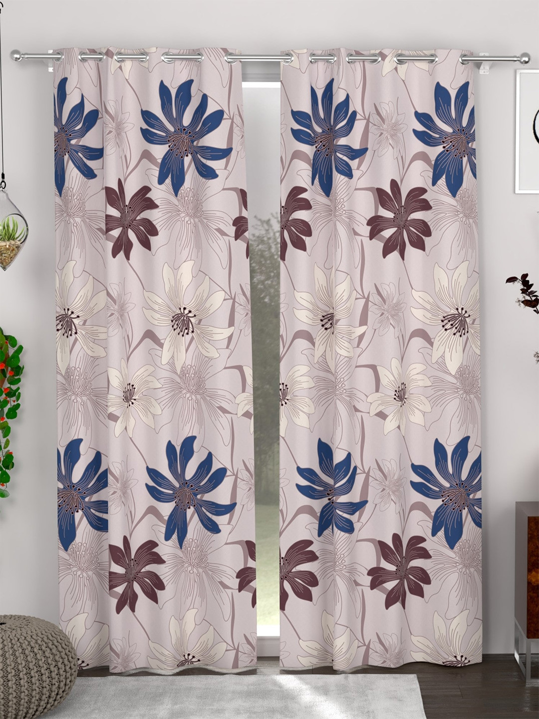 

CHHAVI INDIA Grey & Blue 2-Pieces Floral Sheer Door Curtains