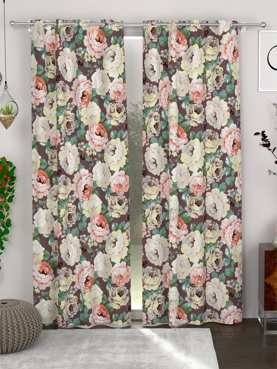 

CHHAVI INDIA Brown & Green 2 Pieces Floral Printed Sheer Door Curtains
