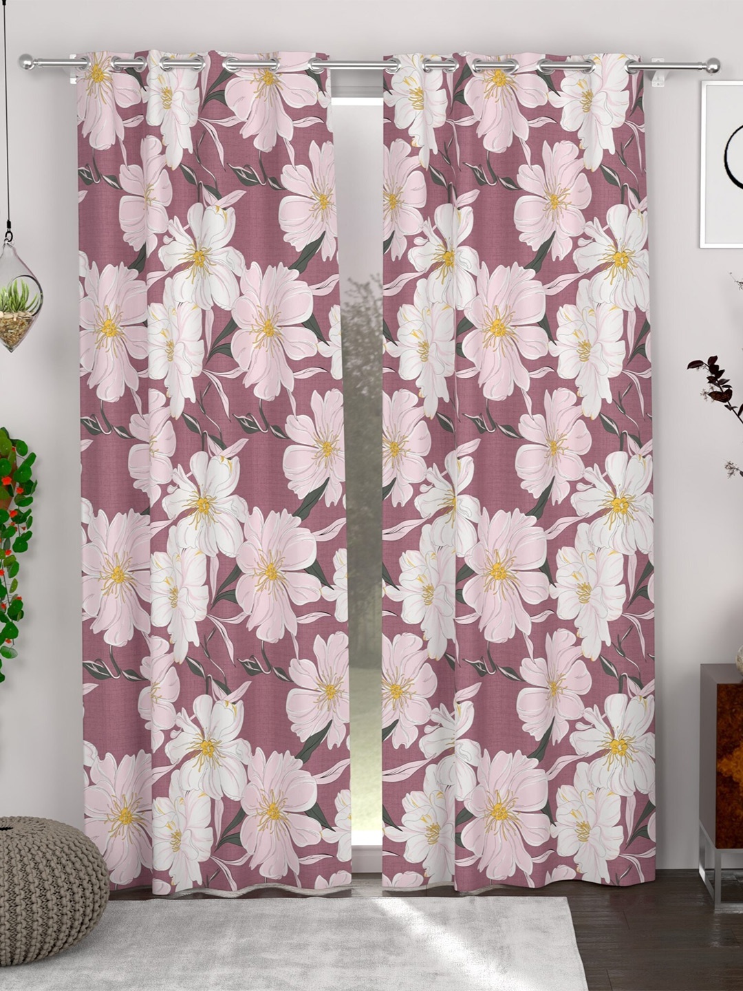 

CHHAVI INDIA Purple & White 2 Pieces Floral Printed Sheer Door Curtains