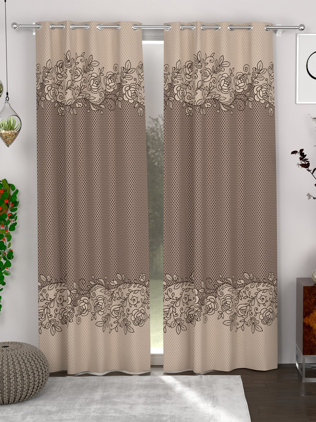 

CHHAVI INDIA Grey & Brown 2 Pieces Floral Printed Sheer Door Curtains