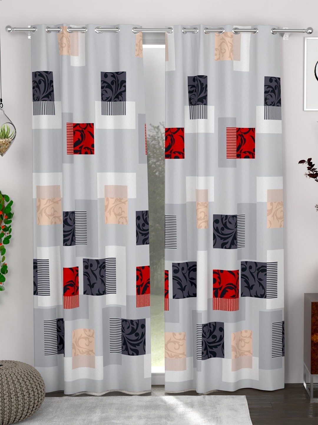 

CHHAVI INDIA Grey & Red 2 Pieces Ethnic Motifs Printed Sheer Door Curtains