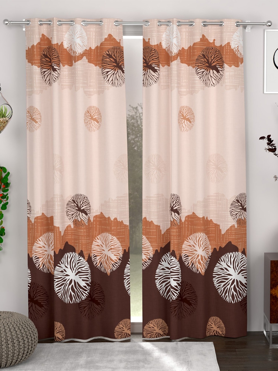 CHHAVI INDIA Beige & Brown 2 Pieces Floral Printed Sheer Door Curtains