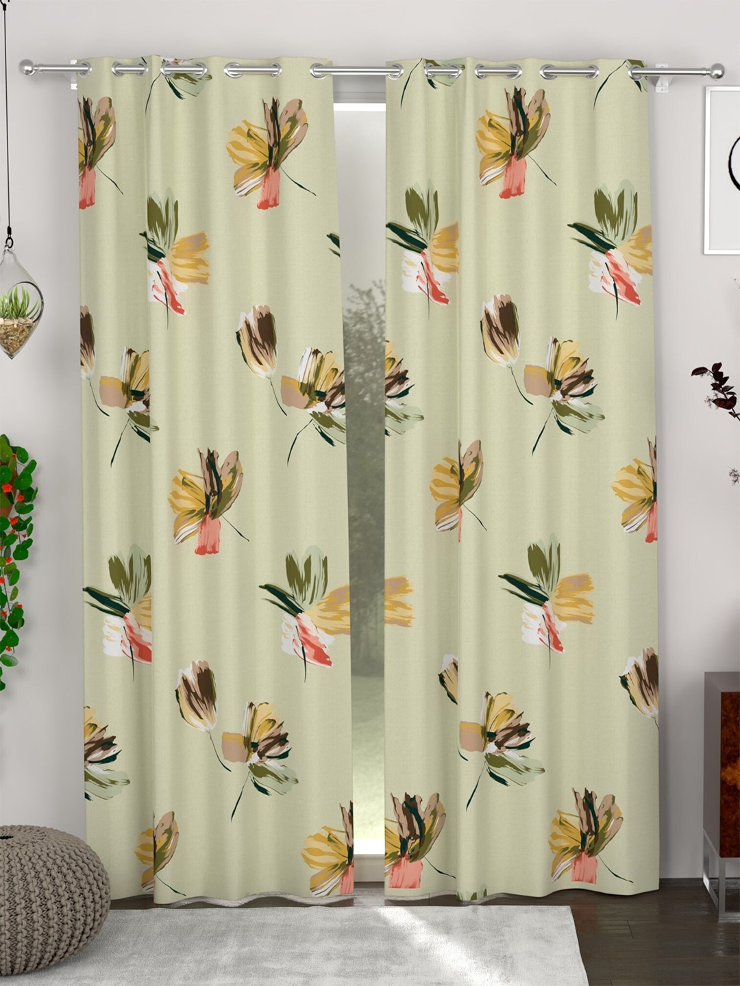

CHHAVI INDIA Grey & Yellow 2 Pieces Floral Printed Sheer Door Curtains