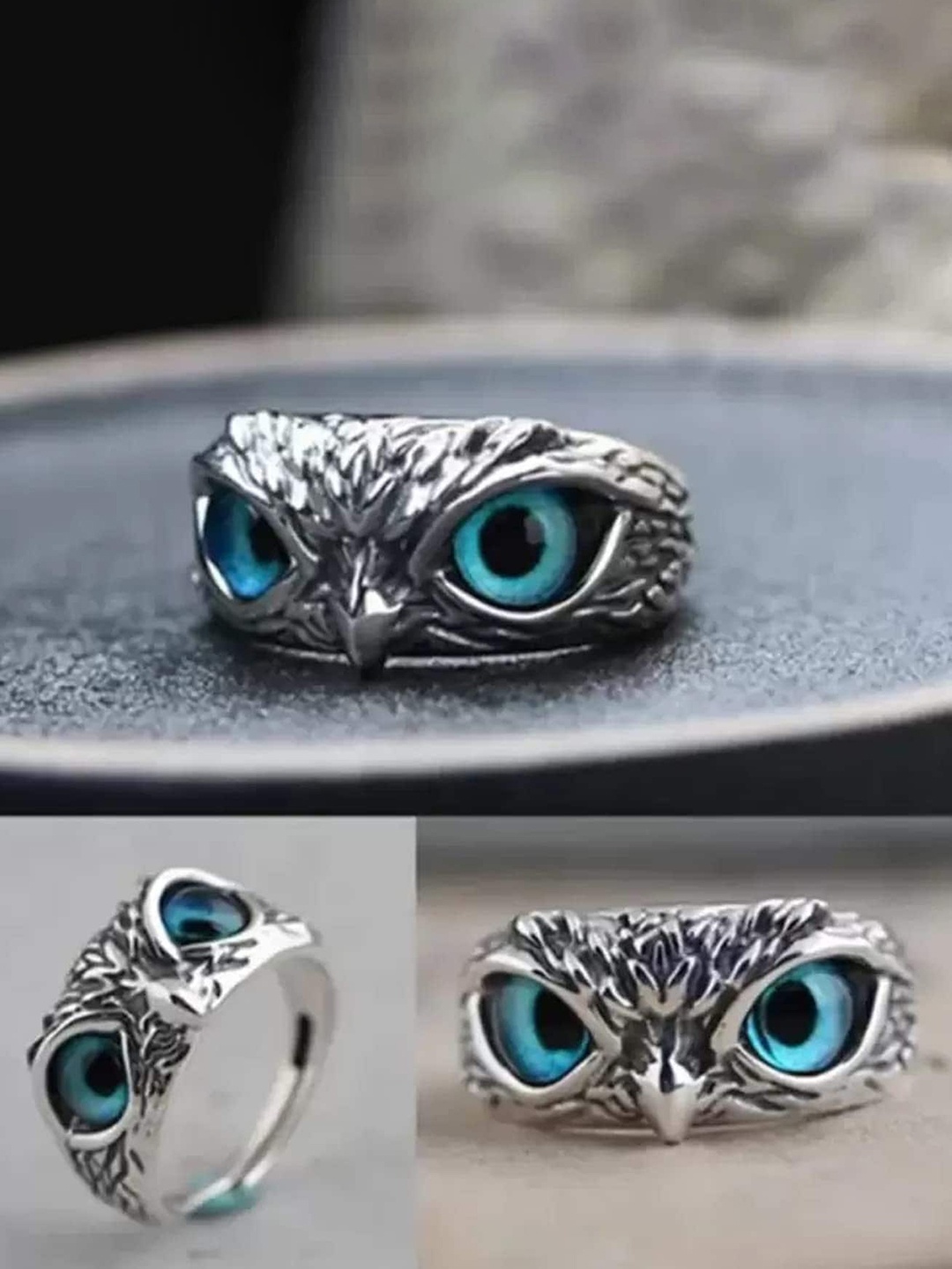 

MEENAZ Silver-Plated Owl Eye Textured Stainless Steel Finger Ring