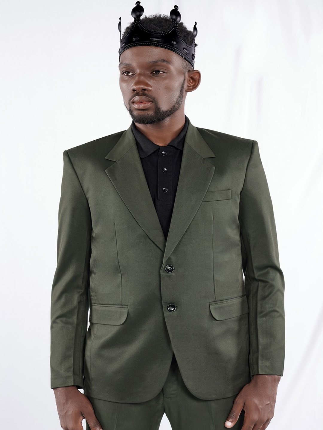 

FRENCH CROWN Peaked Lapel Single-Breasted Wool Blazer, Green