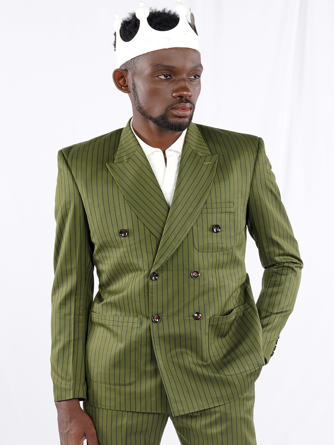 

FRENCH CROWN Striped Peaked Lapel Double-Breasted Wool Blazer, Green