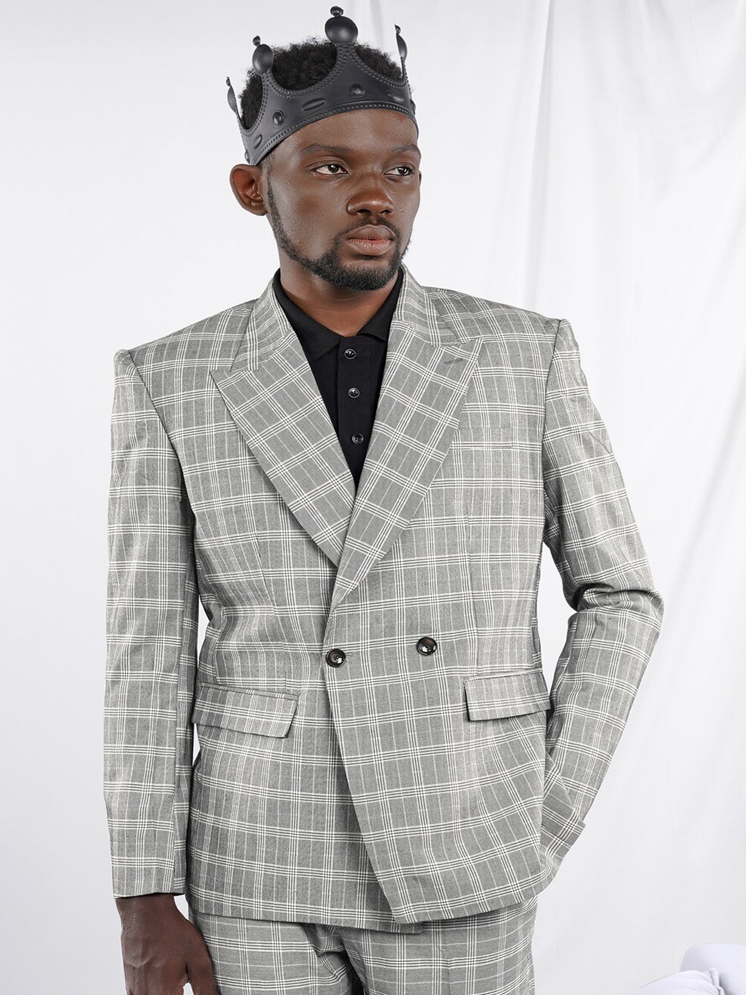 

FRENCH CROWN Checked Peaked Lapel Double-Breasted Wool Blazer, Grey