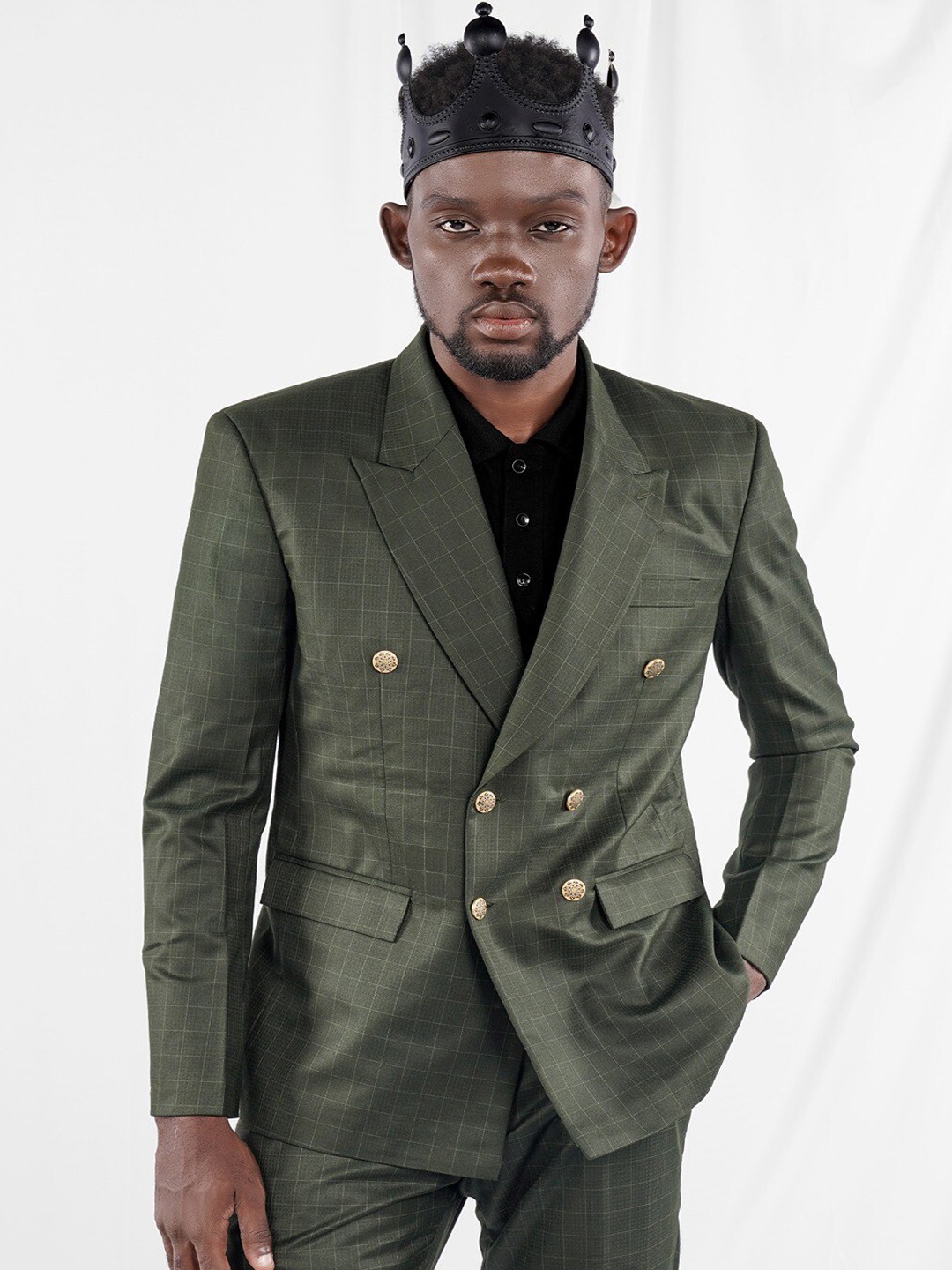 

FRENCH CROWN Checked Peaked Lapel Double-Breasted Wool Blazer, Green