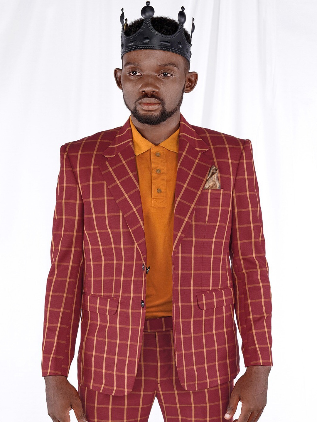 

FRENCH CROWN Checked Peaked Lapel Single-Breasted Wool Blazer, Maroon