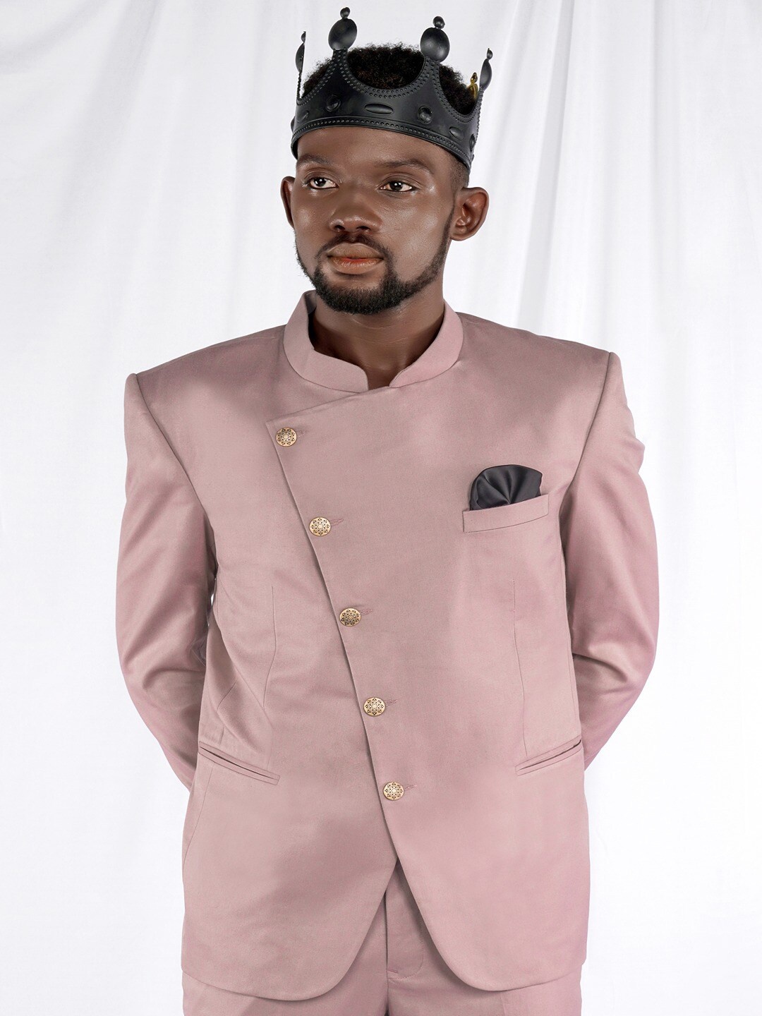 

FRENCH CROWN Single-Breasted Cross Buttoned Bandhgala Wool Blazer, Pink