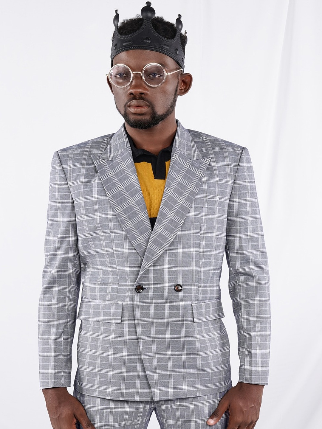 

FRENCH CROWN Checked Double-Breasted Blazer, Grey