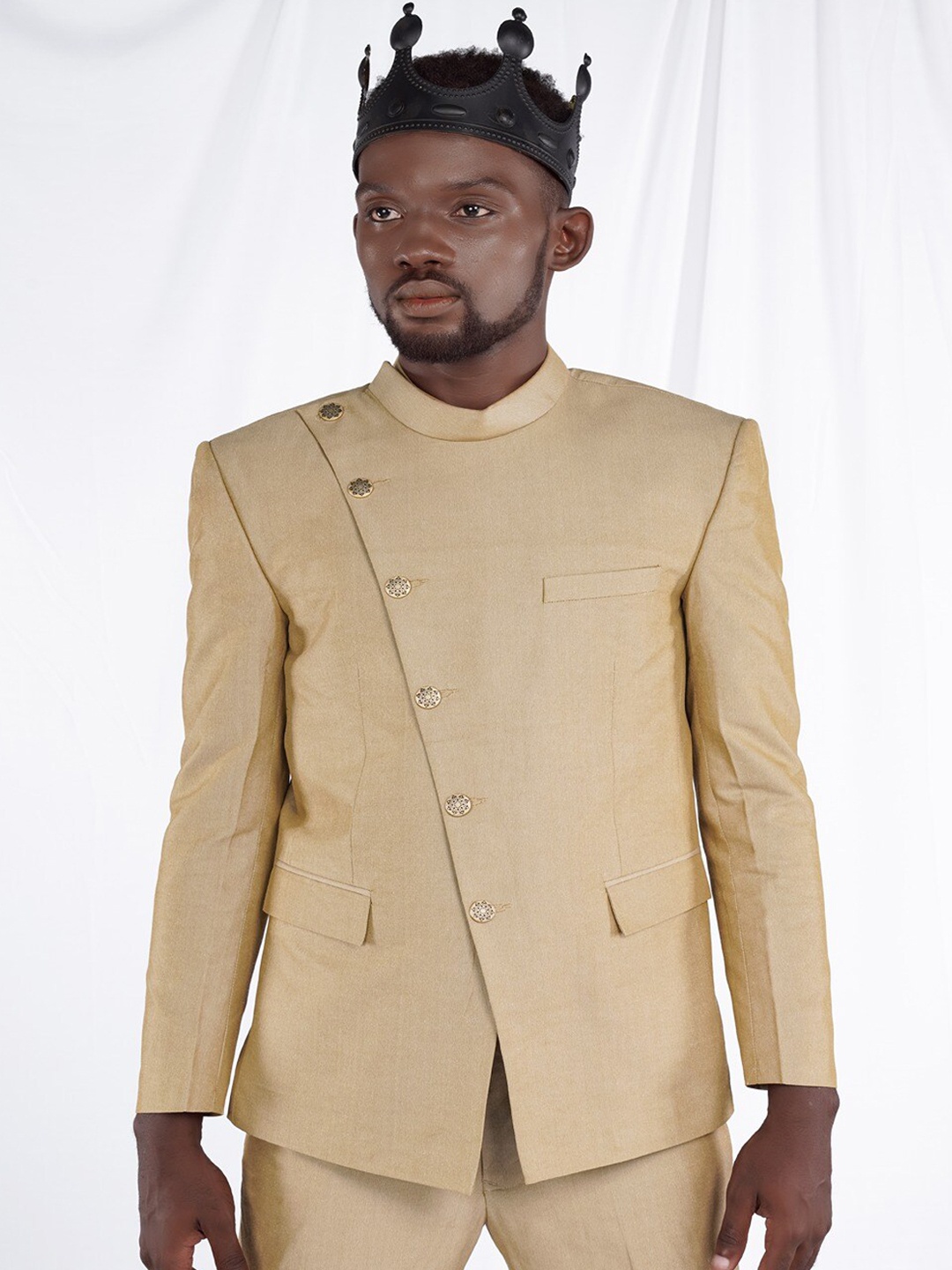 

FRENCH CROWN Single-Breasted Cross Buttoned Bandhgala Wool Blazer, Cream