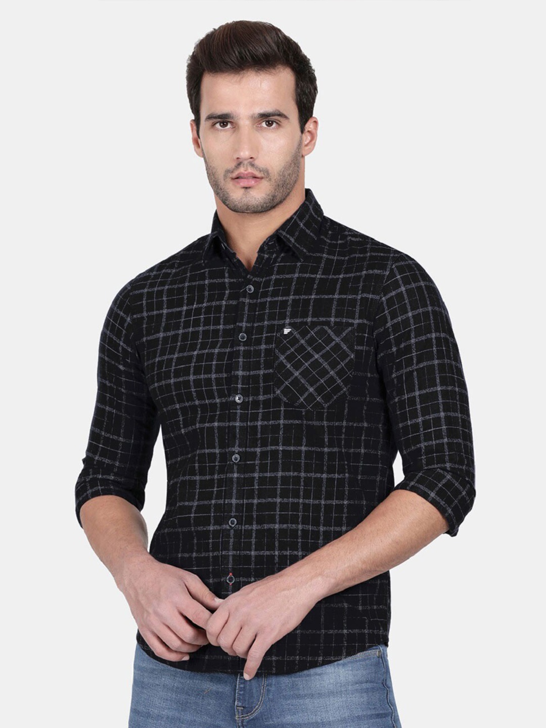 

t-base Windowpane Checked Cotton Casual Shirt, Black