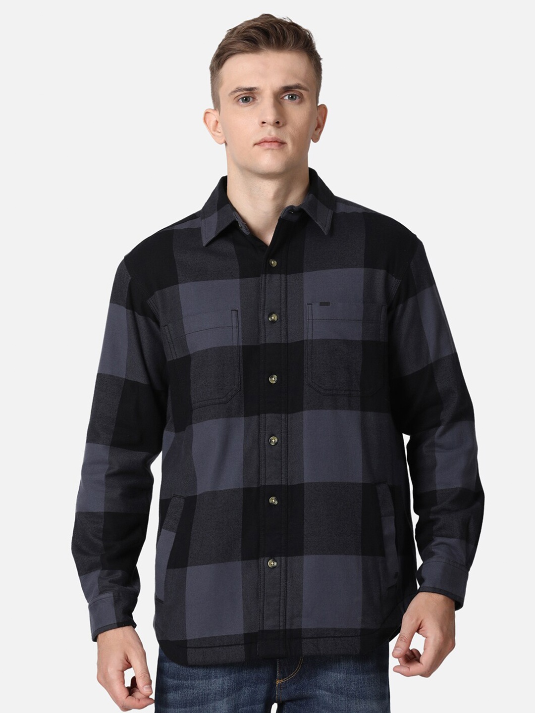 

t-base Checked Cotton Casual Shirt, Charcoal