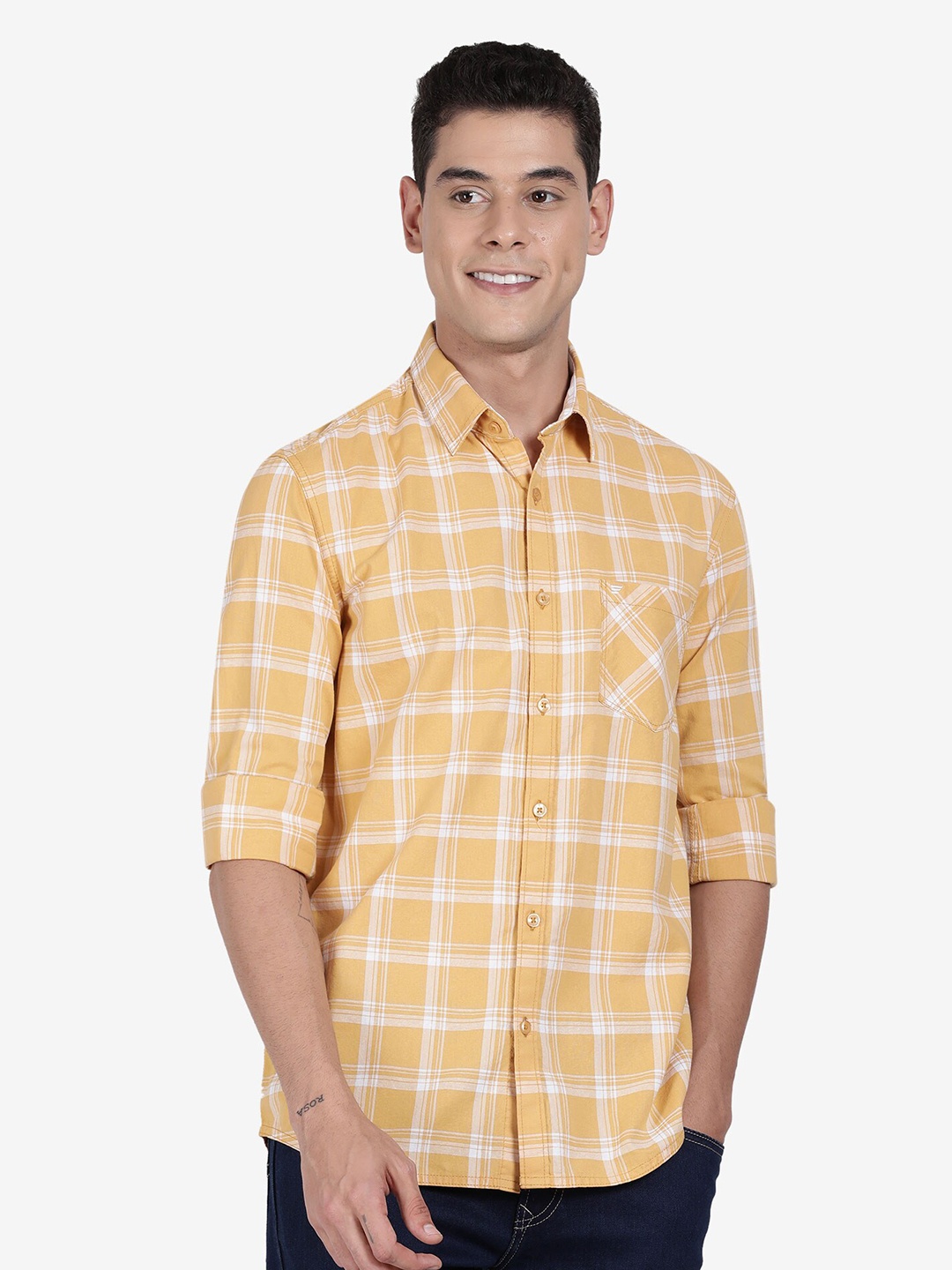 

t-base Checked Spread Collar Cotton Casual Shirt, Yellow