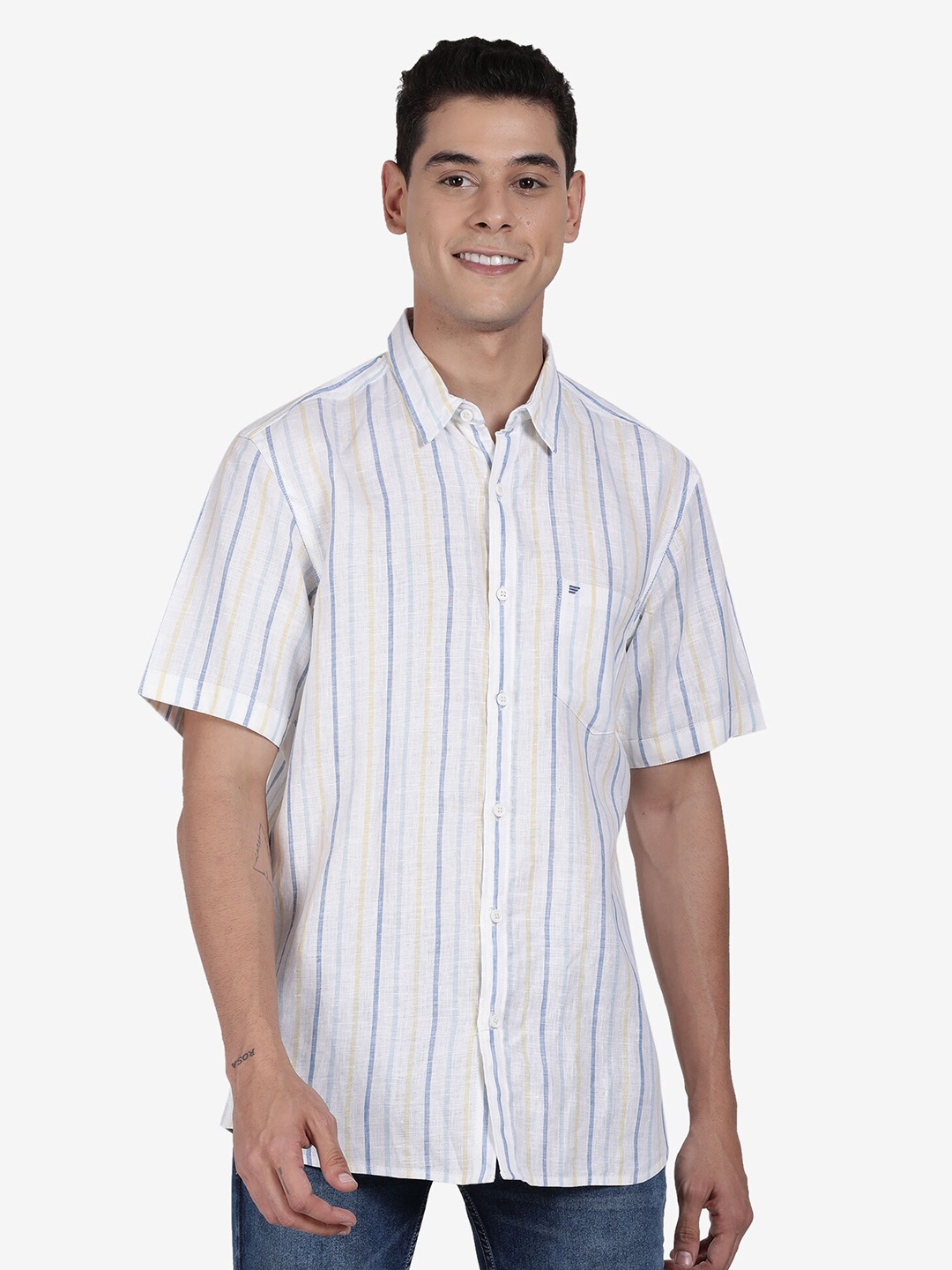 

t-base Vertical Striped Linen Casual Shirt, White