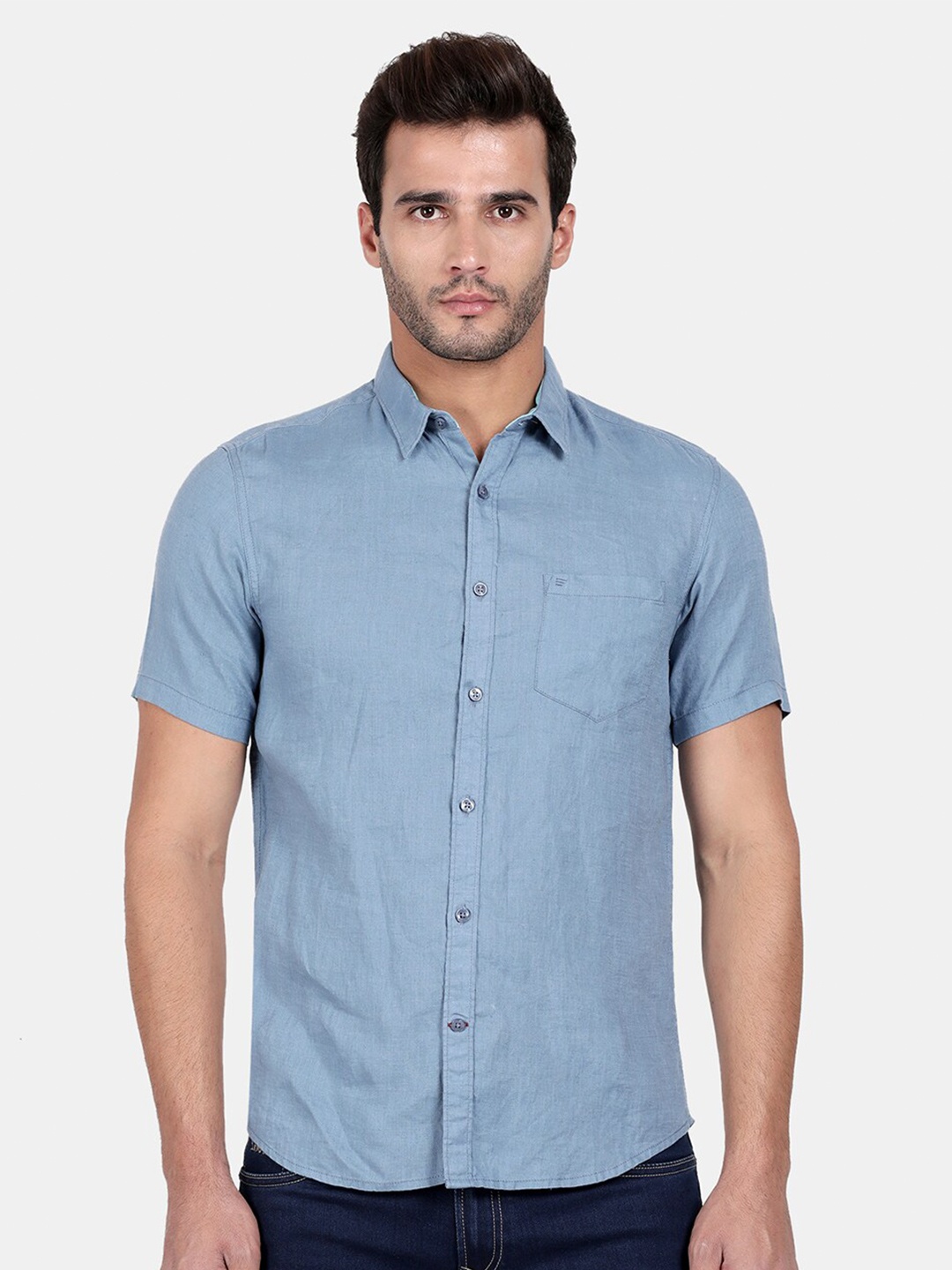 

t-base Spread Collar Textured Casual Linen Shirt, Blue