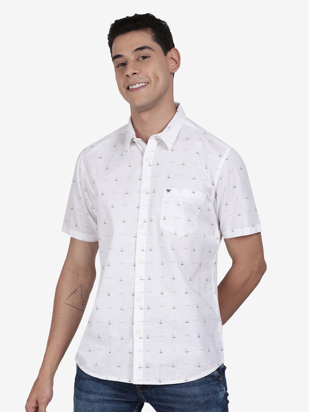 

t-base Conversational Printed Cotton Casual Shirt, White