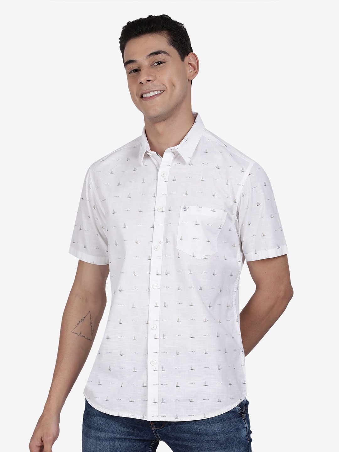 

t-base Opaque Printed Cotton Casual Shirt, White